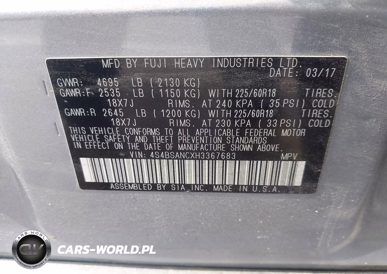 2017 Subaru Outback 2.5I Limited VIN:4S4BSANCXH3367683 - 9