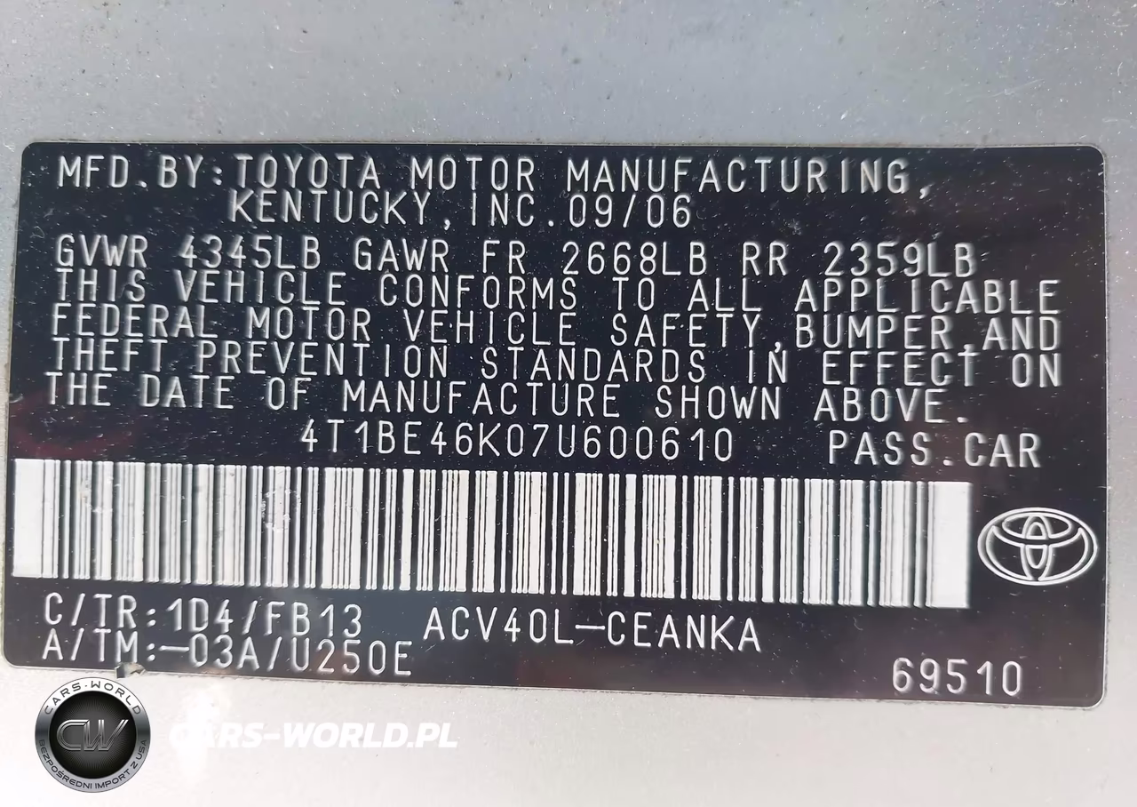 2007 Toyota Camry Le VIN:4T1BE46K07U600610 - 9