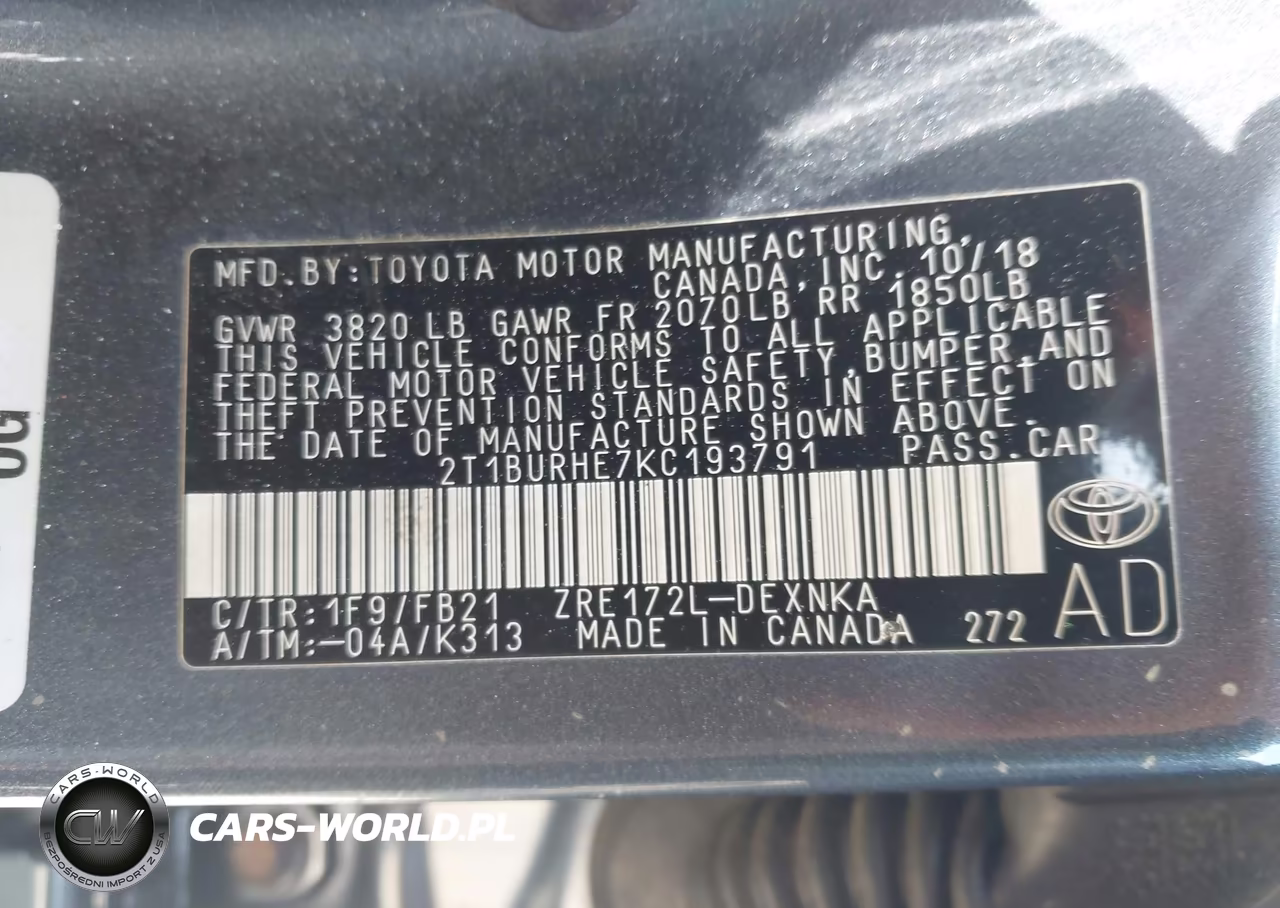 2019 Toyota Corolla Le VIN:2T1BURHE7KC193791 - 9