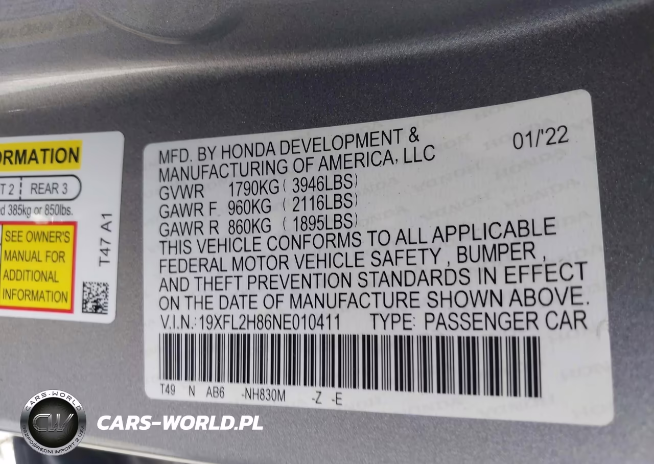 2022 Honda Civic Sport VIN:19XFL2H86NE010411 - 9