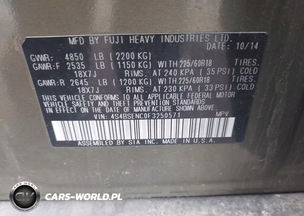 2015 Subaru Outback 3.6R Limited VIN:4S4BSENC0F3250571 - 9