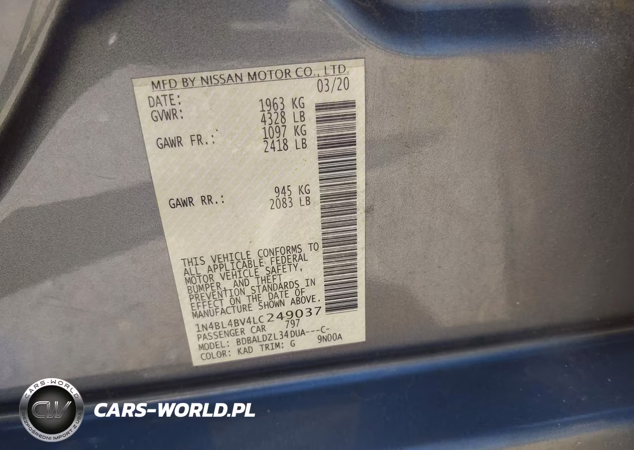 2020 Nissan Altima S Fwd VIN:1N4BL4BV4LC249037 - 9