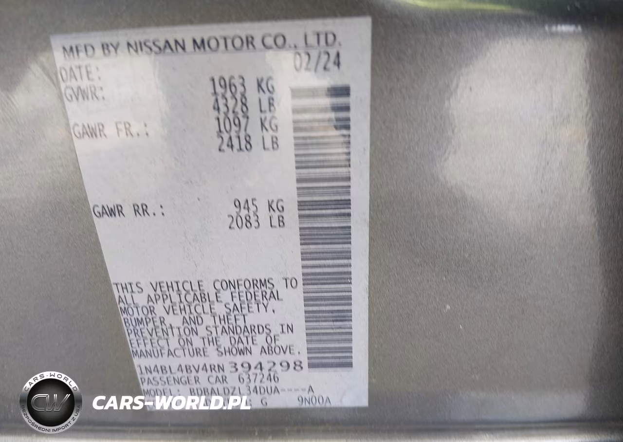 2024 Nissan Altima S Fwd VIN:1N4BL4BV4RN394298 - 9