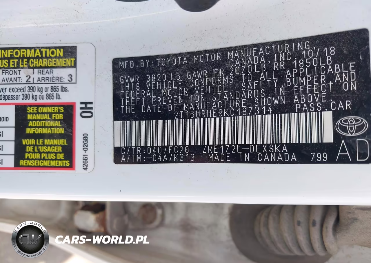 2019 Toyota Corolla Se VIN:2T1BURHE9KC187314 - 9