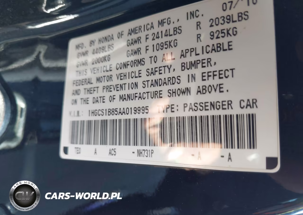 2010 Honda Accord 2.4 Ex-L VIN:1HGCS1B85AA019995 - 9