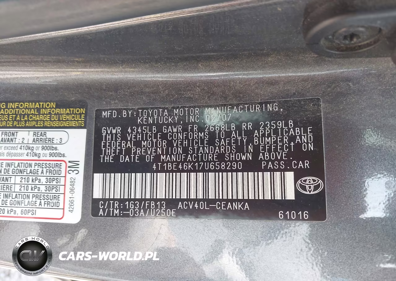 2007 Toyota Camry Le VIN:4T1BE46K17U658290 - 9
