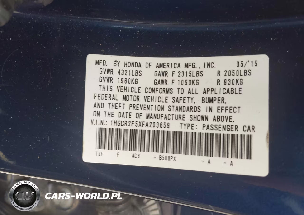 2015 Honda Accord Sport VIN:1HGCR2F5XFA203659 - 9