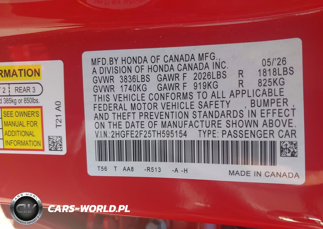 2026 Honda Civic Lx VIN:2HGFE2F25TH595154 - 9