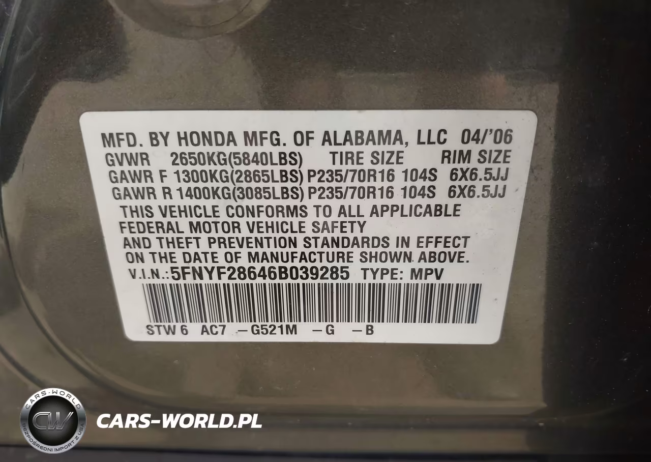 2006 Honda Pilot Ex-L VIN:5FNYF28646B039285 - 9