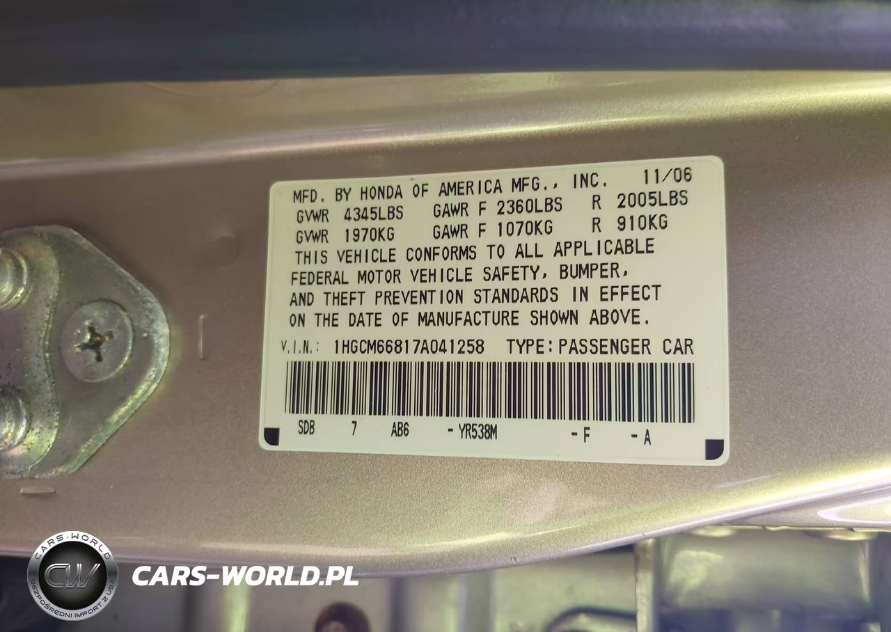 2007 Honda Accord 3.0 Ex VIN:1HGCM66817A041258 - 9