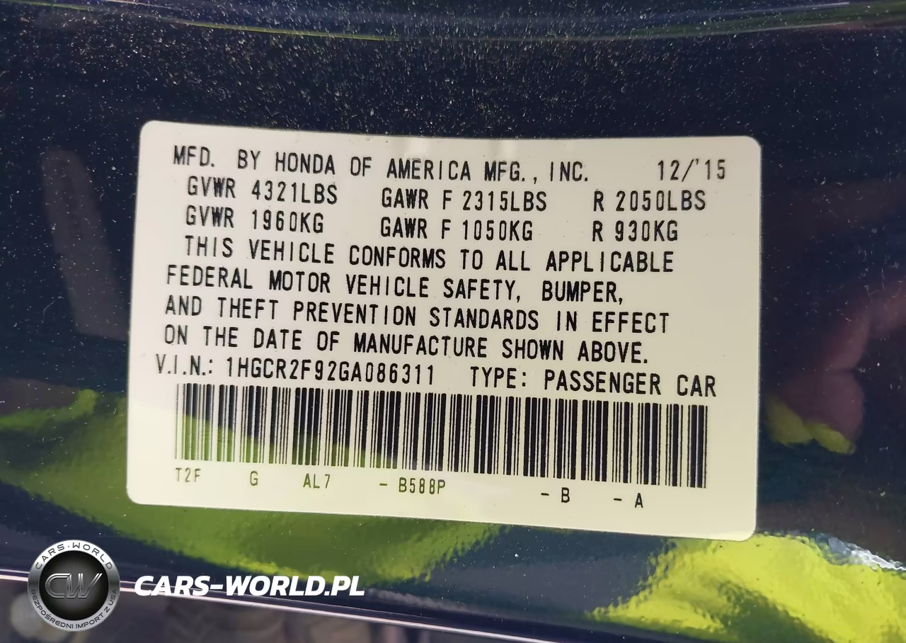 2016 Honda Accord Ex-L VIN:1HGCR2F92GA086311 - 9