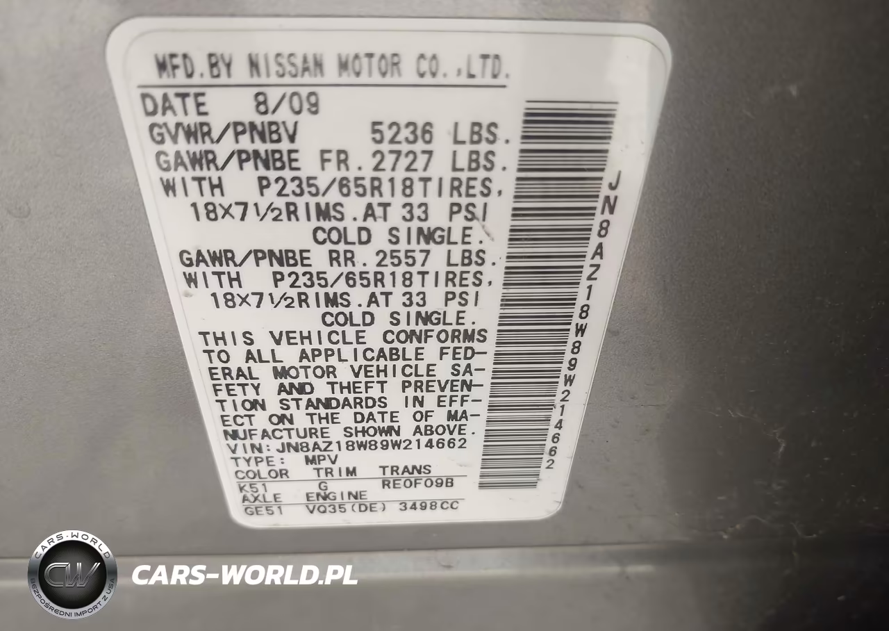2009 Nissan Murano Sl VIN:JN8AZ18W89W214662 - 9