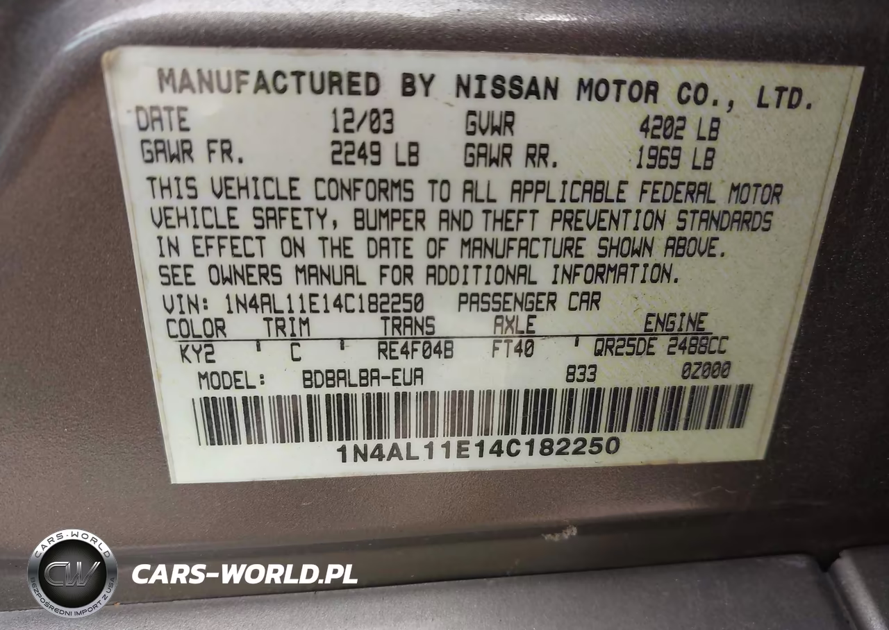 2004 Nissan Altima 2.5 Sl VIN:1N4AL11E14C182250 - 9