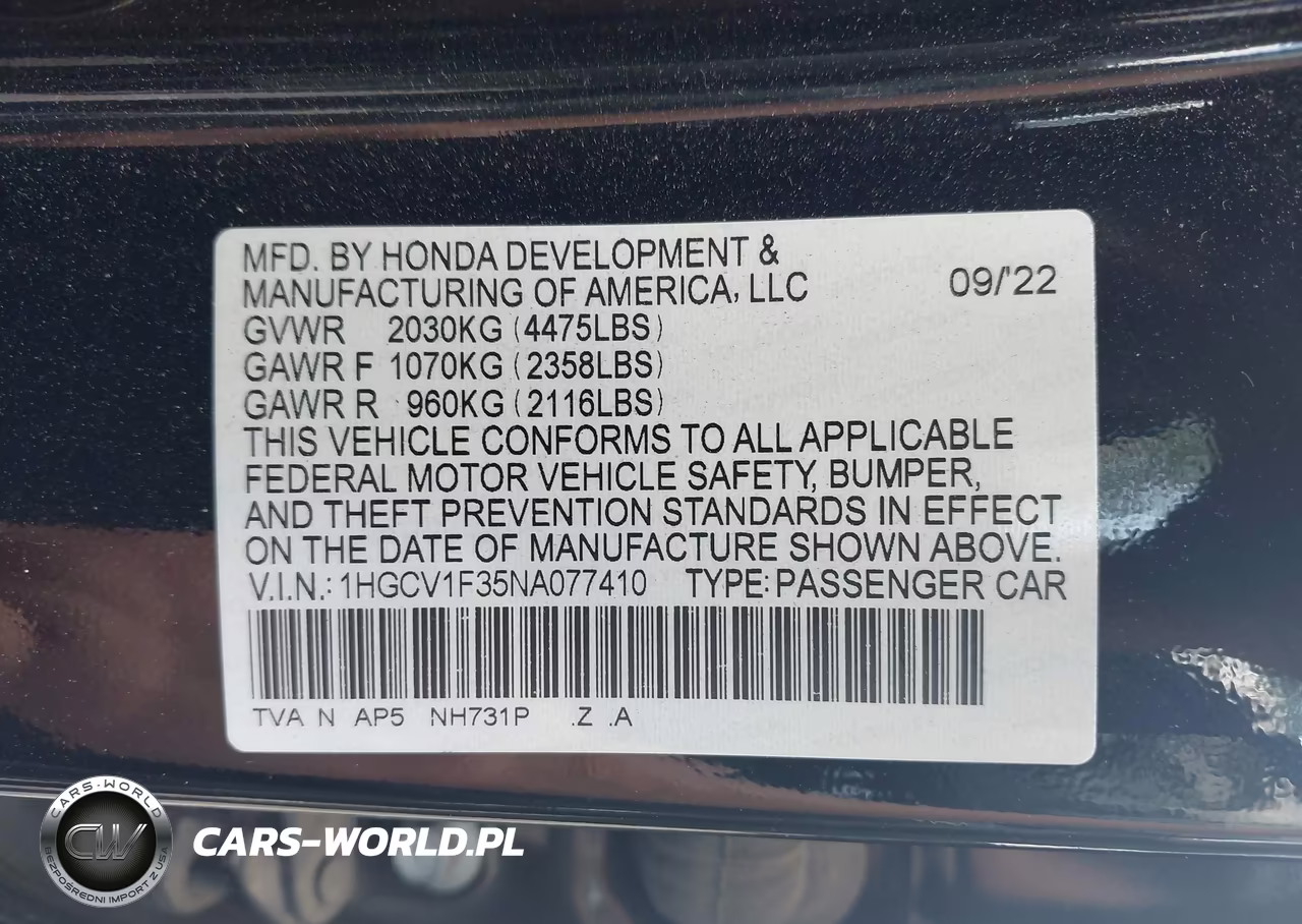 2022 Honda Accord Sport VIN:1HGCV1F35NA077410 - 9