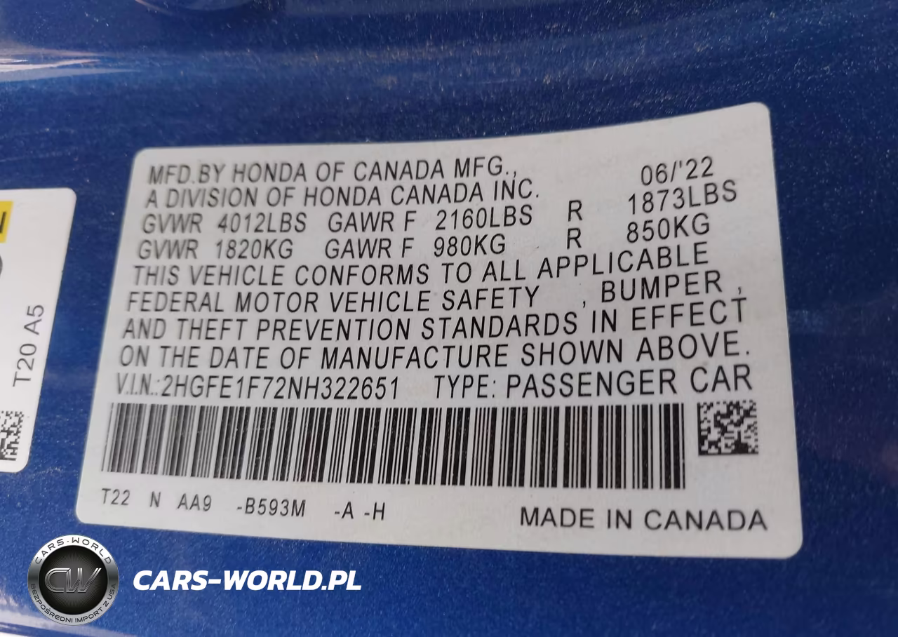 2022 Honda Civic Ex VIN:2HGFE1F72NH322651 - 9