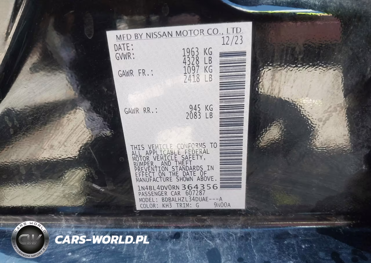 2024 Nissan Altima Sv Fwd VIN:1N4BL4DV0RN364356 - 9