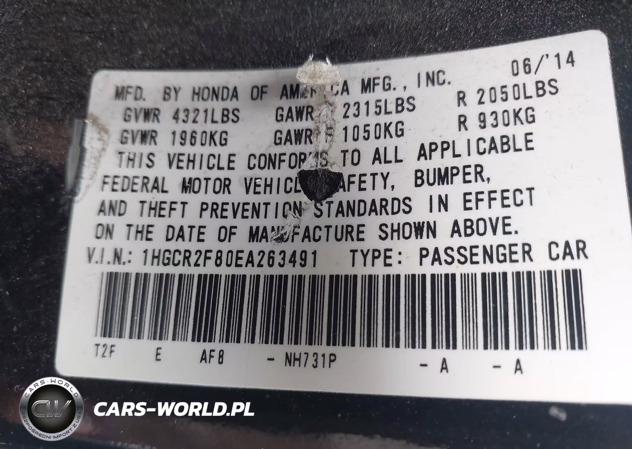 2014 Honda Accord Ex-L VIN:1HGCR2F80EA263491 - 9