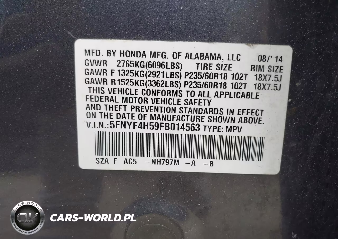 2015 Honda Pilot Ex-L VIN:5FNYF4H59FB014563 - 9