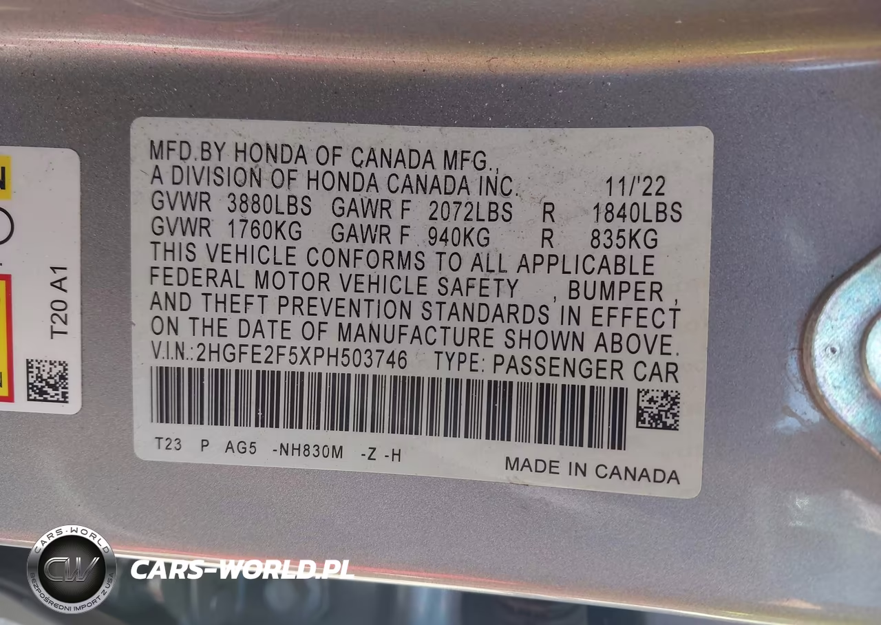 2023 Honda Civic Sport VIN:2HGFE2F5XPH503746 - 9