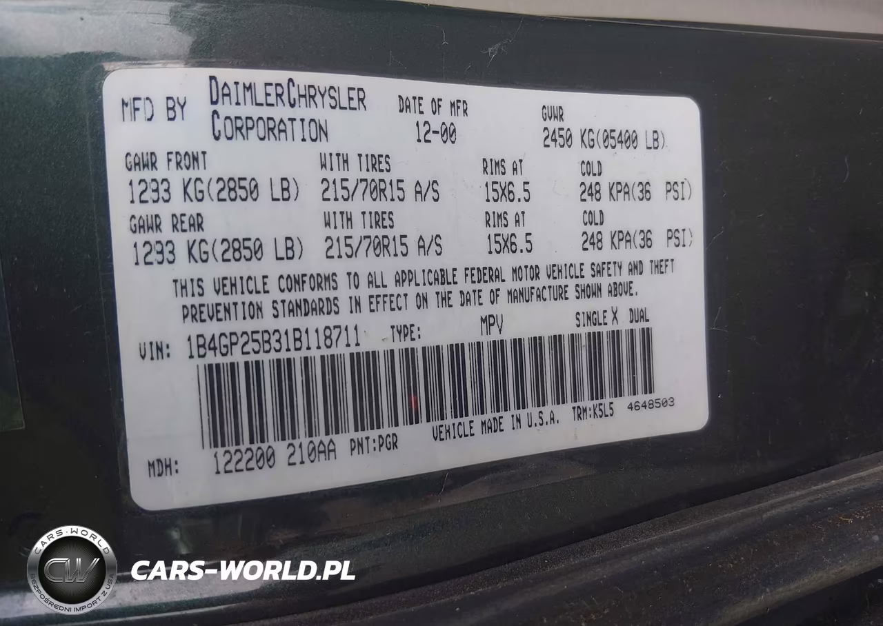 2001 Dodge Caravan Se VIN:1B4GP25B31B118711 - 9