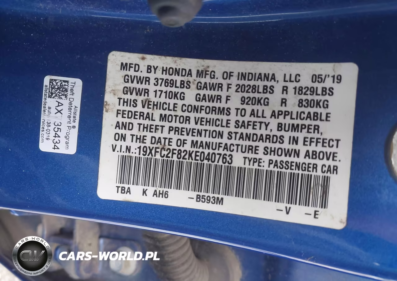 2019 Honda Civic Sport VIN:19XFC2F82KE040763 - 9