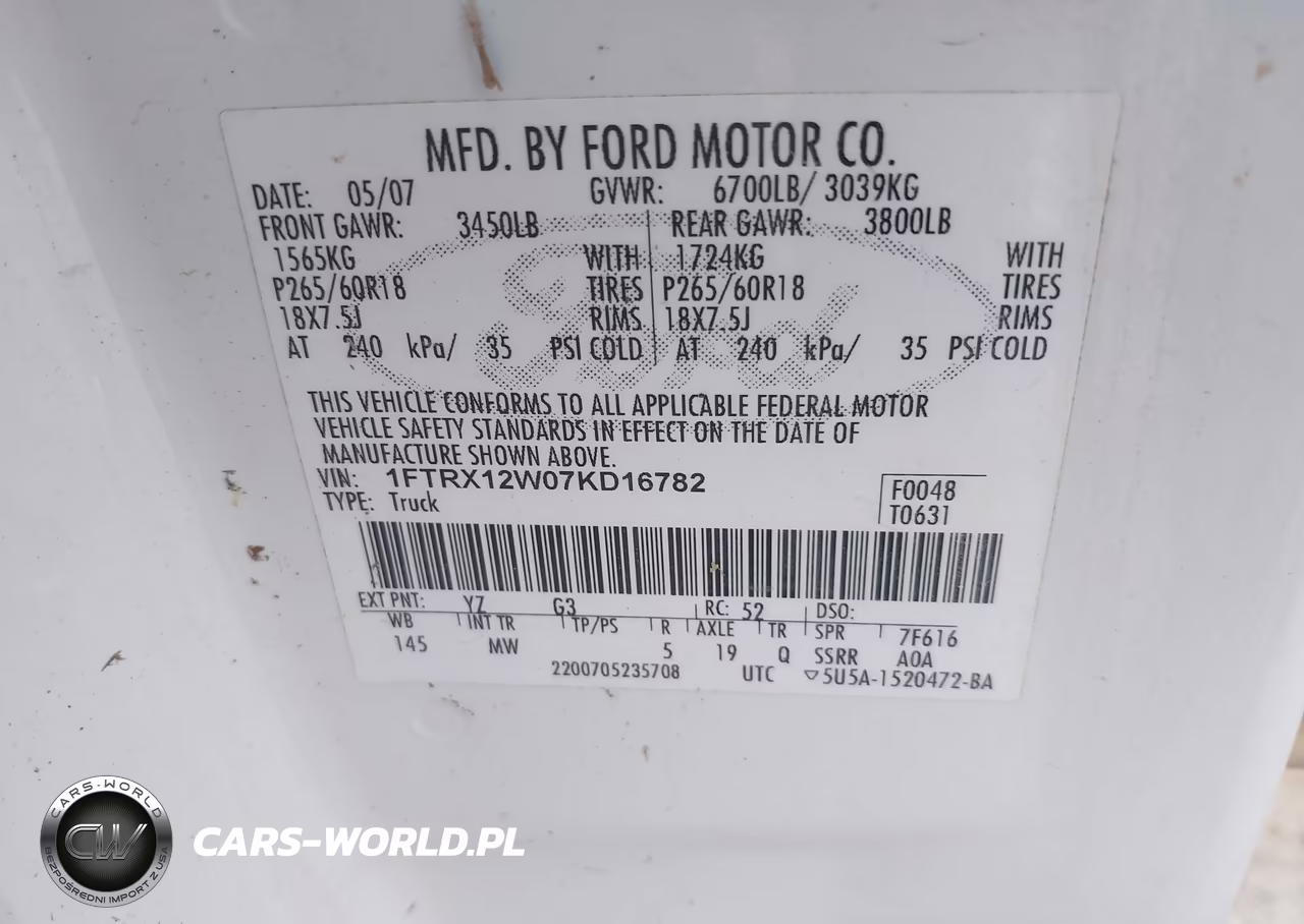 2007 Ford F-150 Stx-Xl-Xlt VIN:1FTRX12W07KD16782 - 9