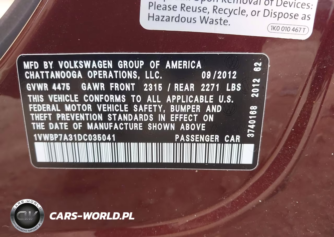 2013 Volkswagen Passat 2.5L Se VIN:1VWBP7A31DC035041 - 9