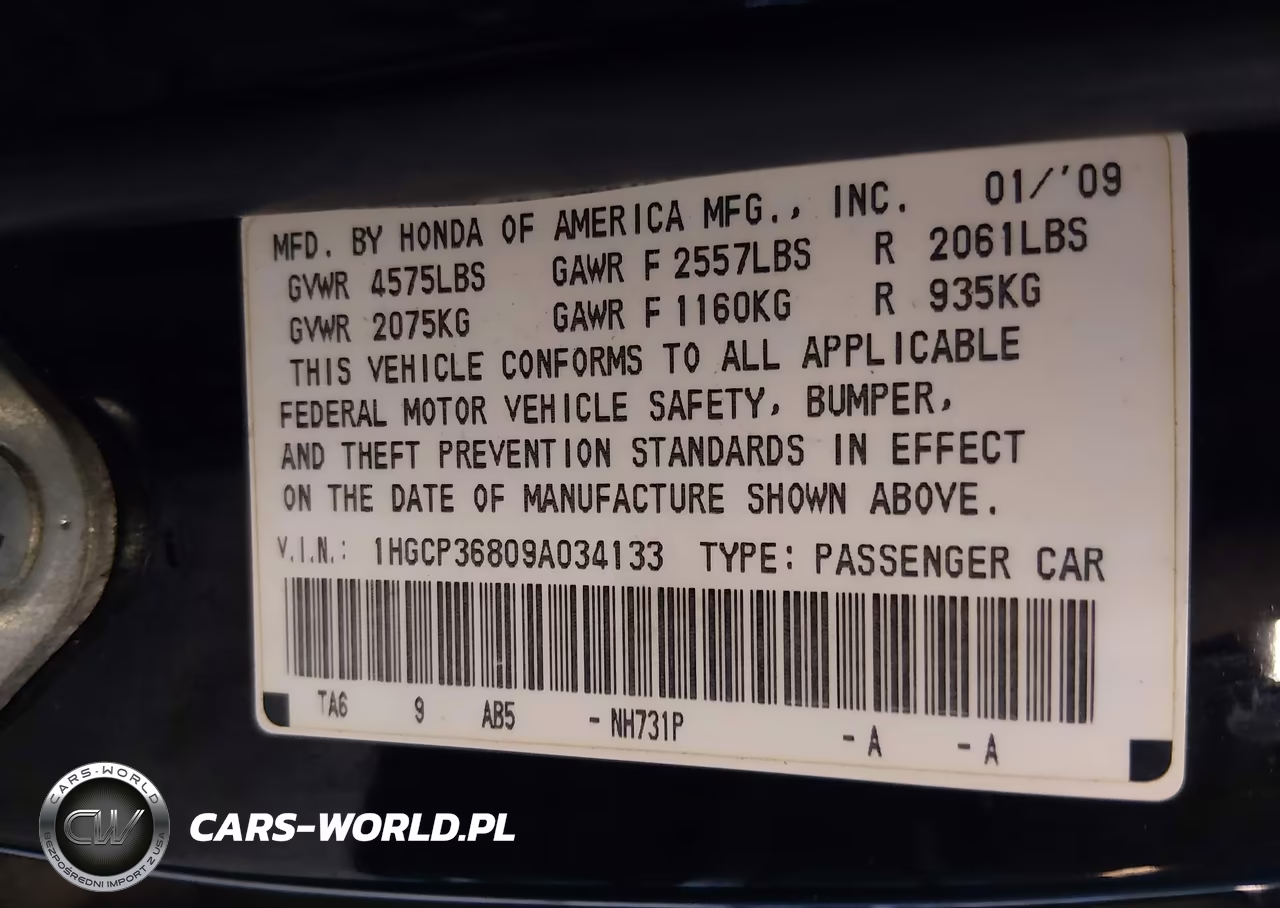 2009 Honda Accord 3.5 Ex-L VIN:1HGCP36809A034133 - 9