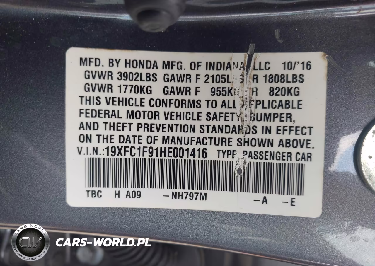 2017 Honda Civic Touring VIN:19XFC1F91HE001416 - 9