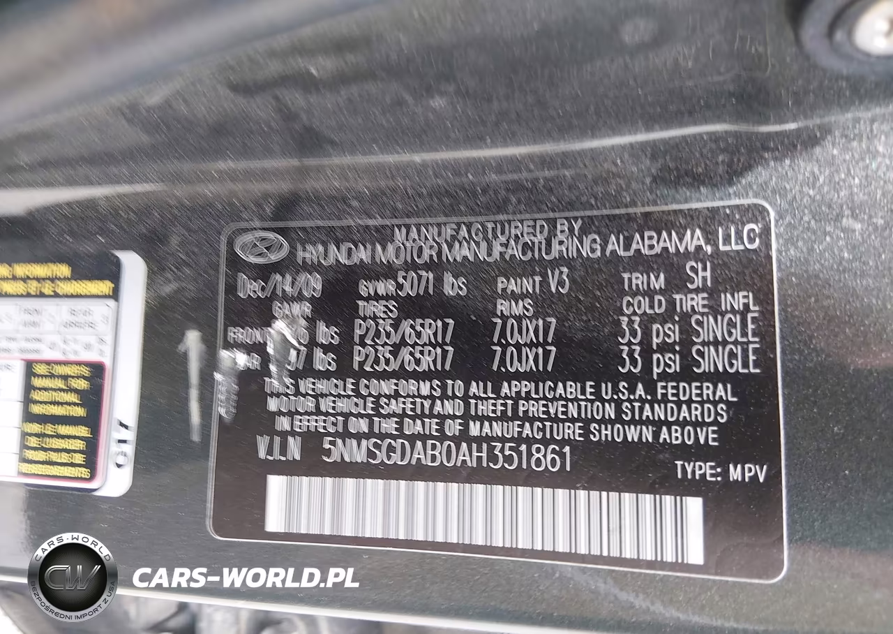 2010 Hyundai Santa Fe Gls VIN:5NMSGDAB0AH351861 - 9