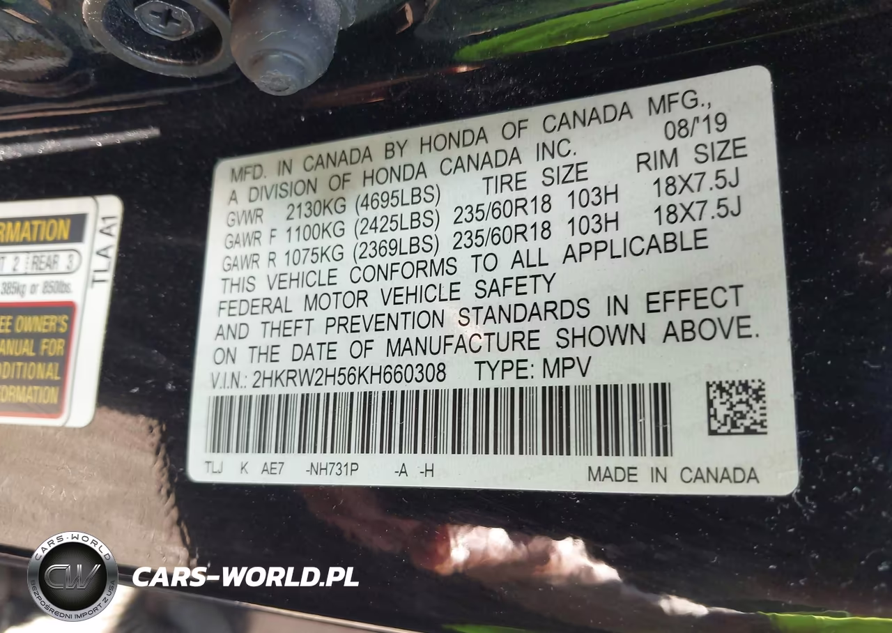2019 Honda Cr-V Ex VIN:2HKRW2H56KH660308 - 9