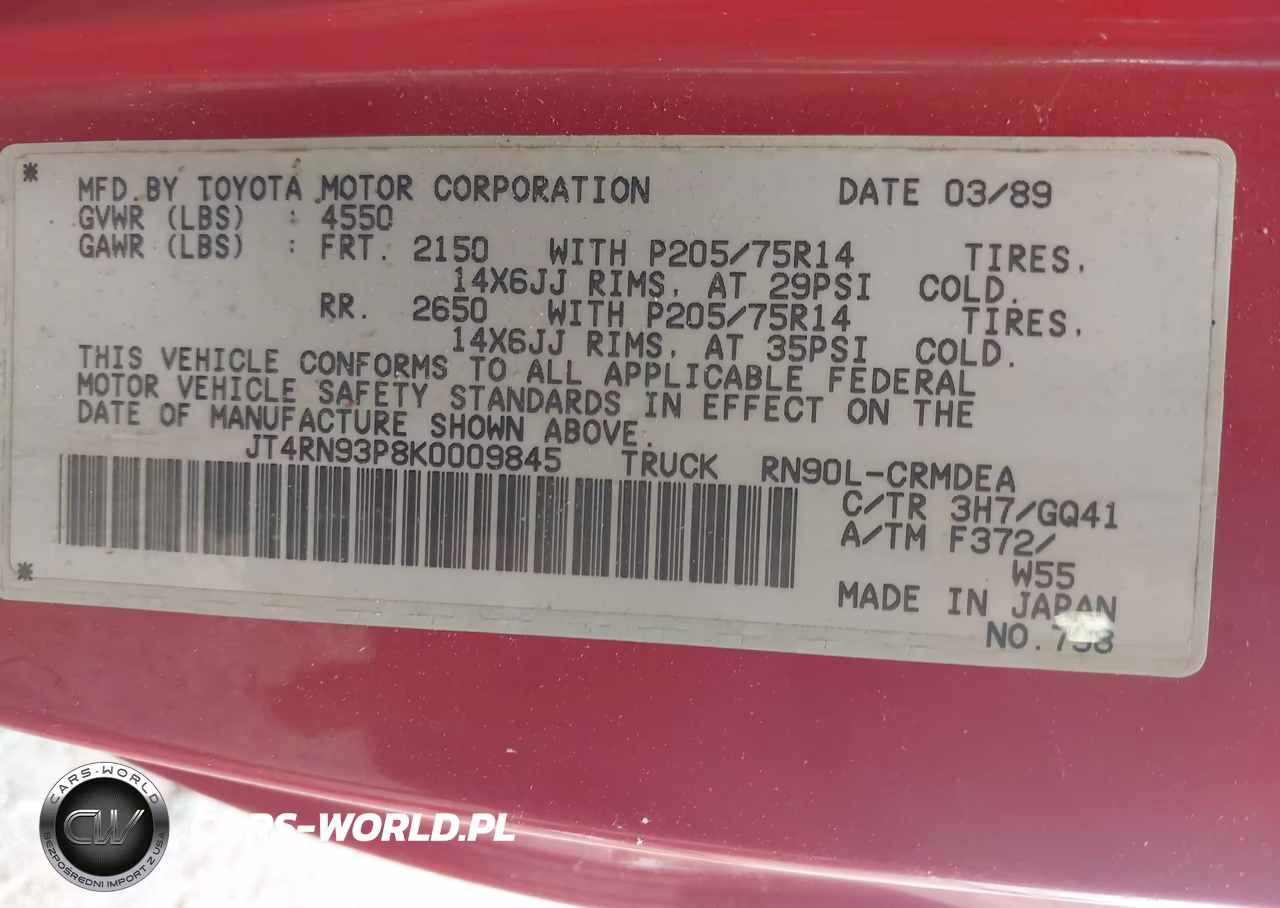 1989 Toyota Pickup 1-2 Ton Ex Lng Whlbse Dlx VIN:JT4RN93P8K0009845 - 9