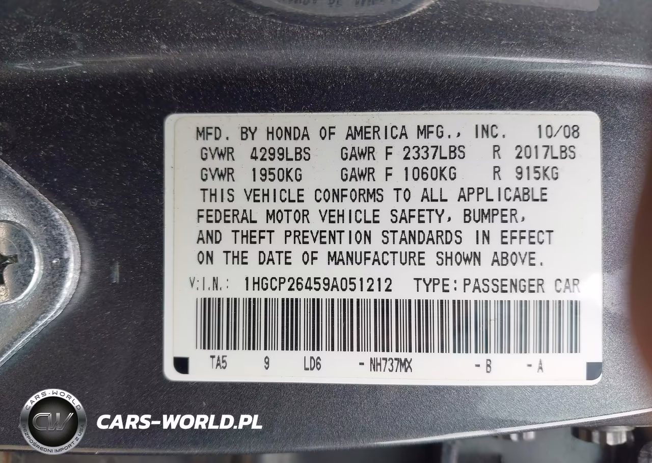 2009 Honda Accord 2.4 Lx-P VIN:1HGCP26459A051212 - 9
