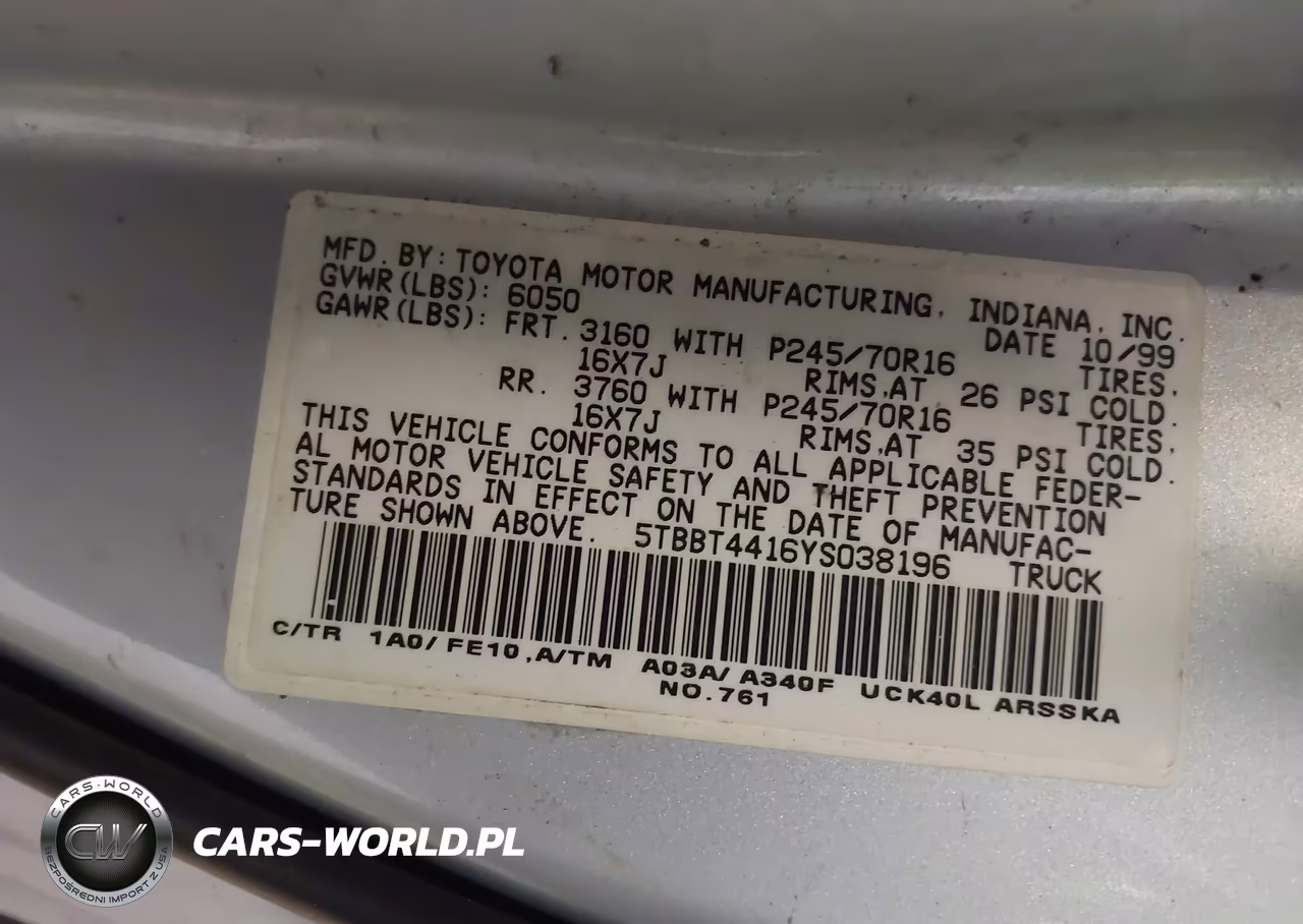2000 Toyota Tundra Sr5 V8 VIN:5TBBT4416YS038196 - 9