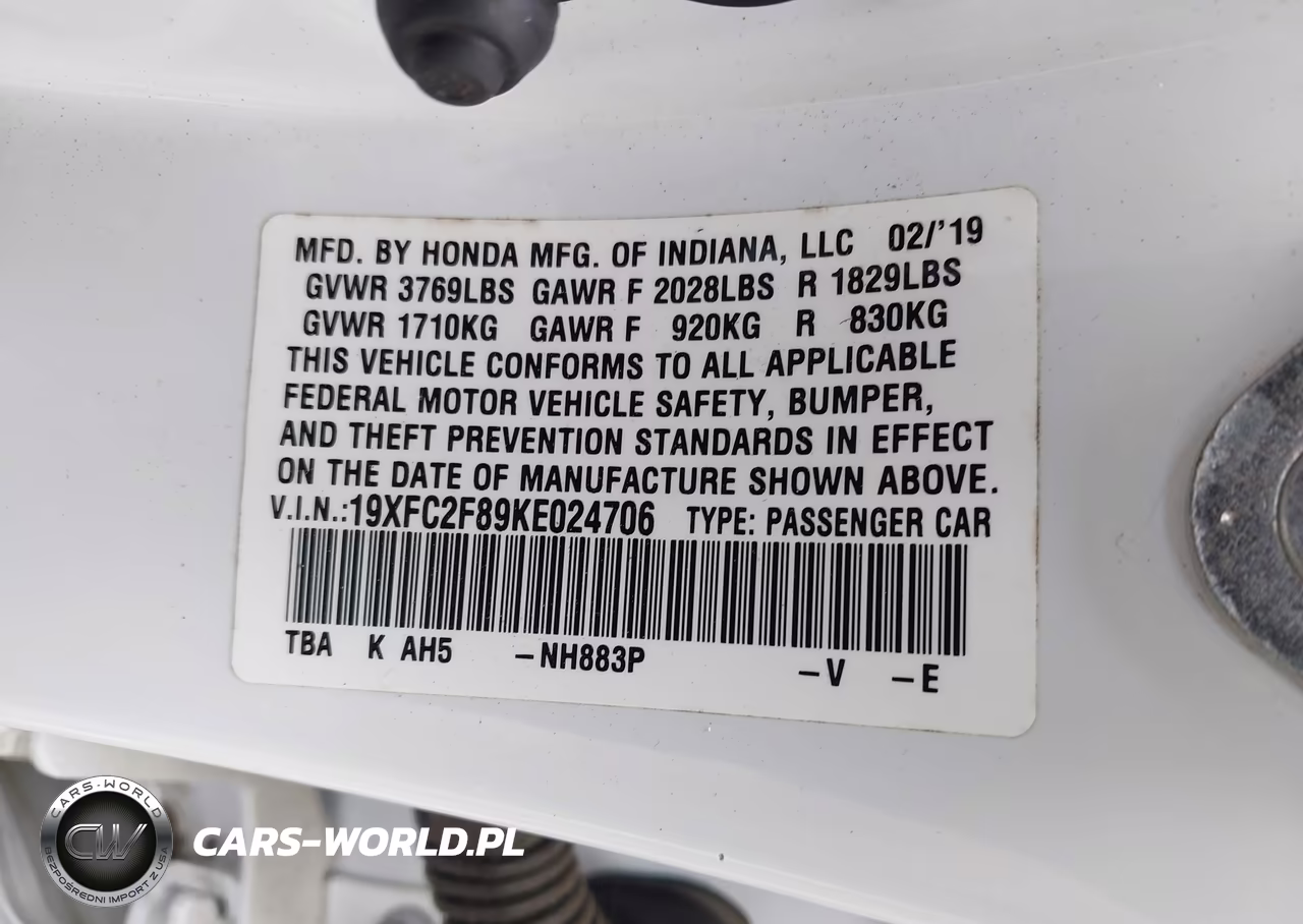 2019 Honda Civic Sport VIN:19XFC2F89KE024706 - 9