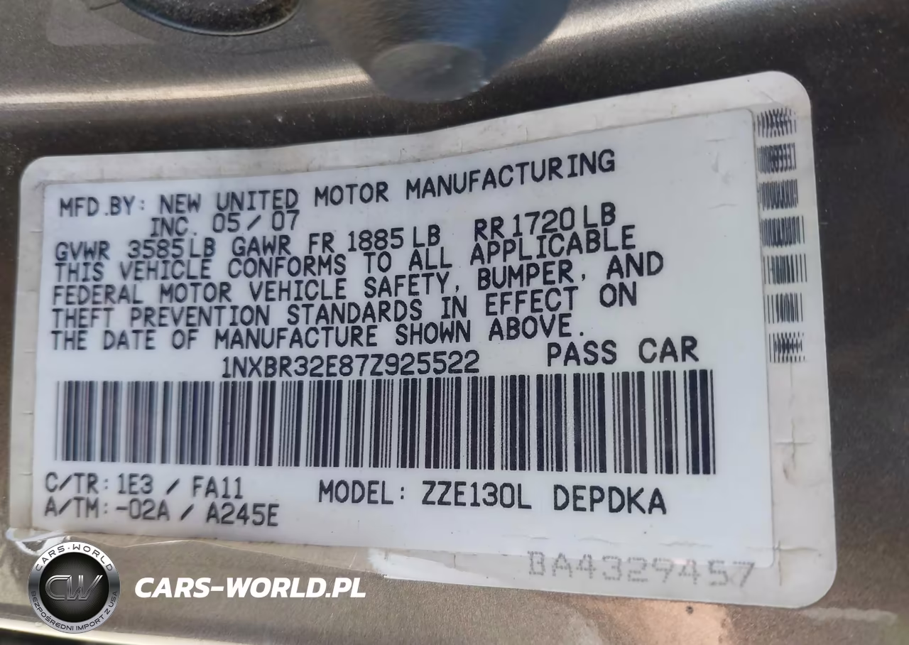 2007 Toyota Corolla Ce VIN:1NXBR32E87Z925522 - 9