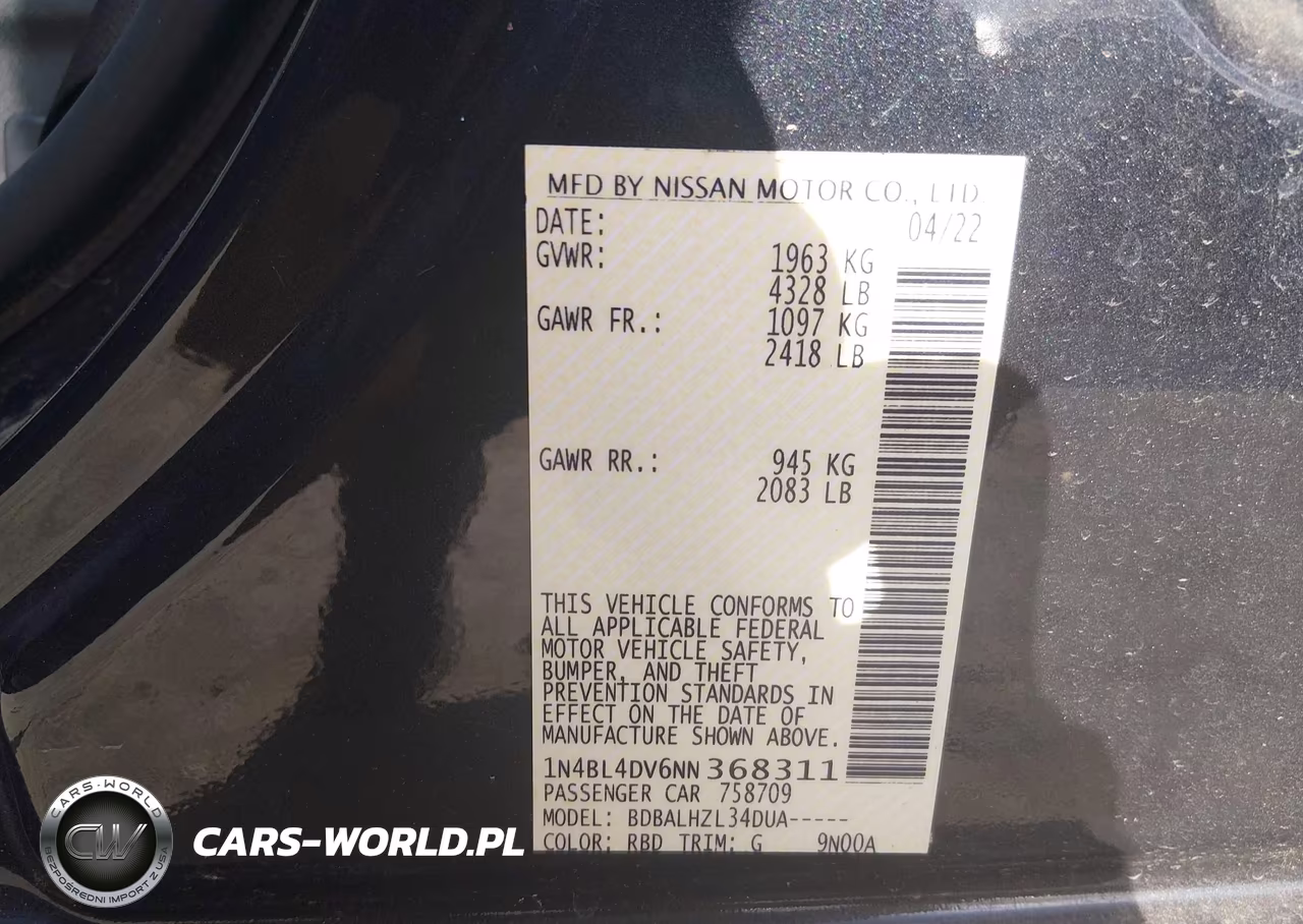 2022 Nissan Altima Sv Fwd VIN:1N4BL4DV6NN368311 - 9
