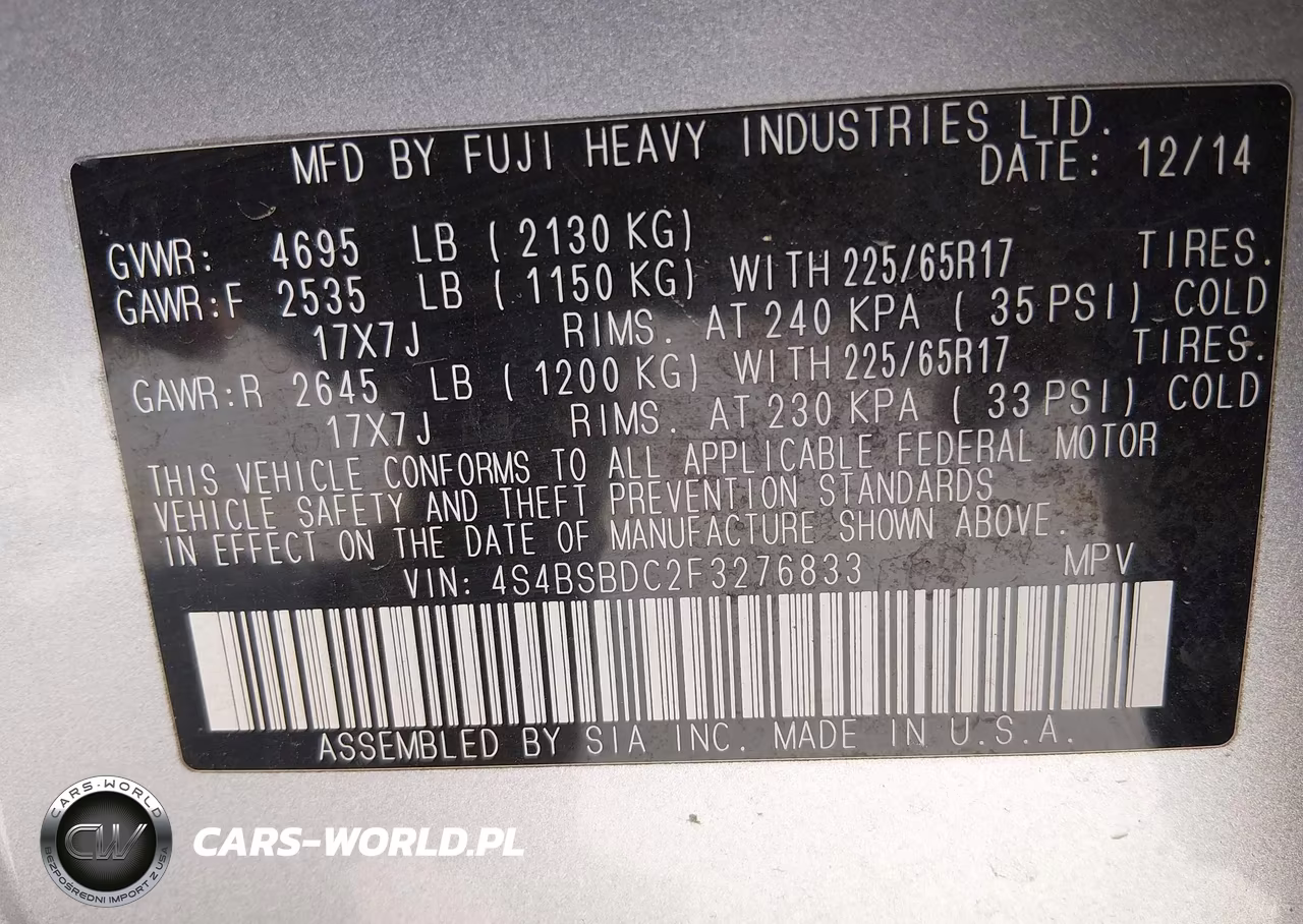 2015 Subaru Outback 2.5I Premium VIN:4S4BSBDC2F3276833 - 9