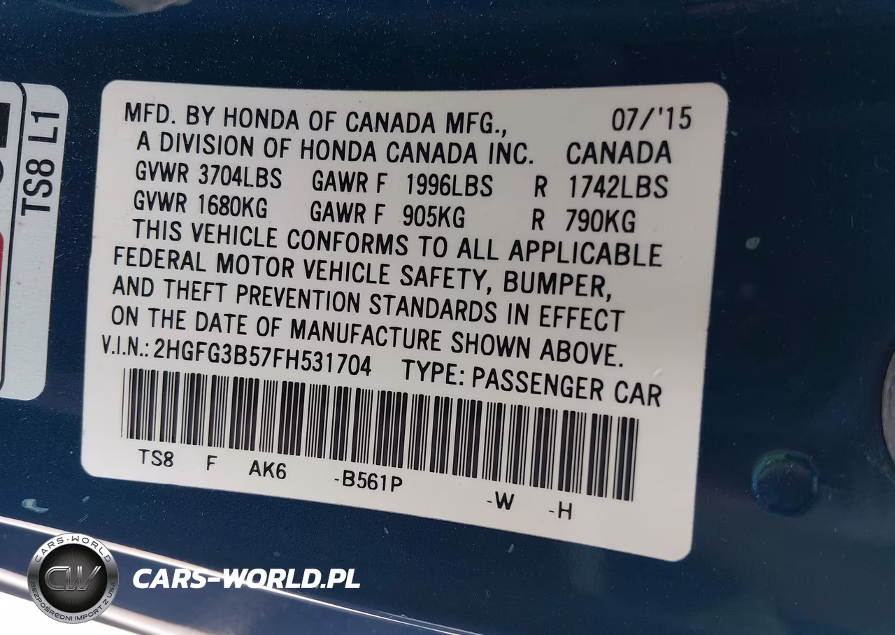 2015 Honda Civic Lx VIN:2HGFG3B57FH531704 - 9