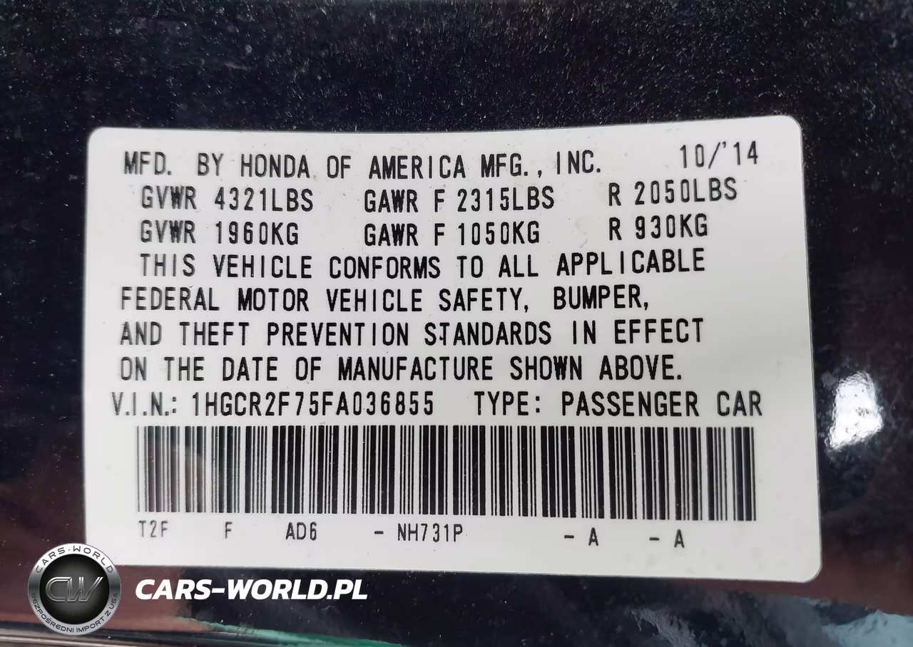 2015 Honda Accord Ex VIN:1HGCR2F75FA036855 - 9