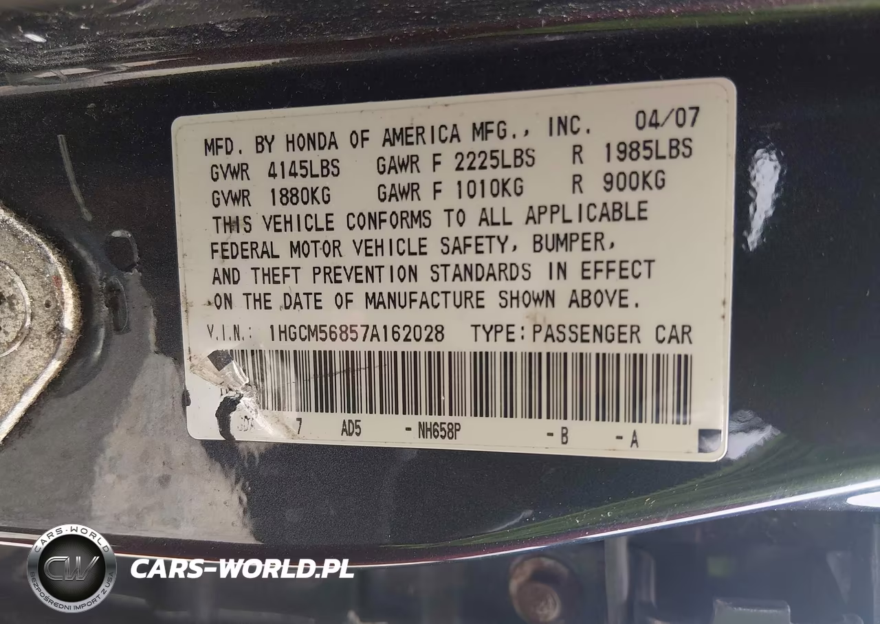 2007 Honda Accord 2.4 Ex VIN:1HGCM56857A162028 - 9