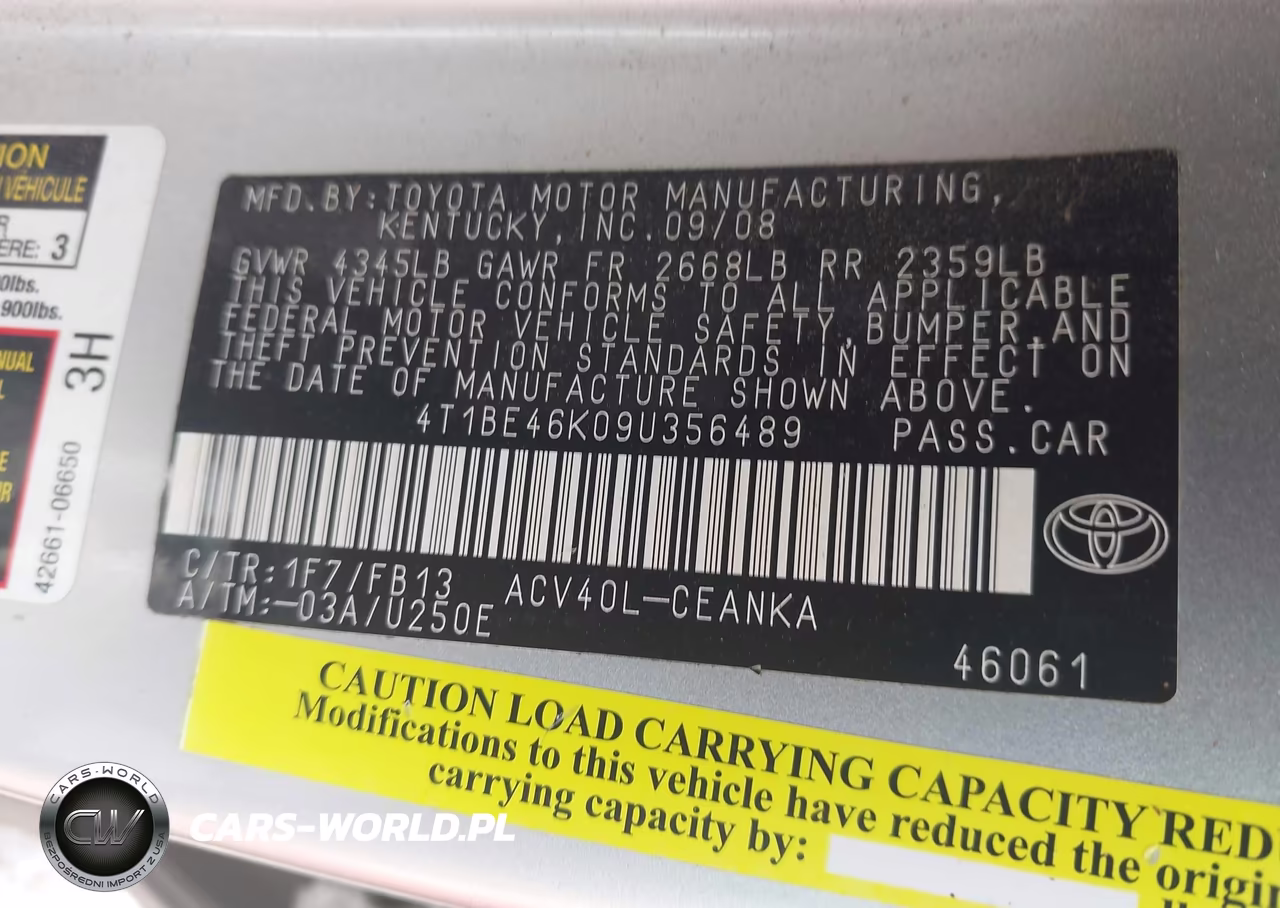 2009 Toyota Camry Le VIN:4T1BE46K09U356489 - 9