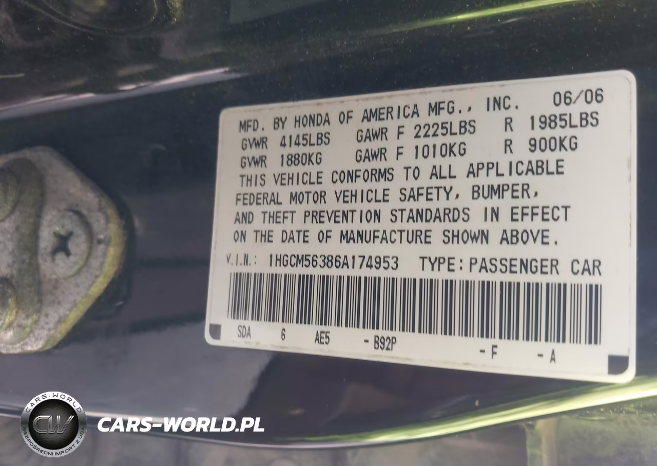 2006 Honda Accord 2.4 Se VIN:1HGCM56386A174953 - 9