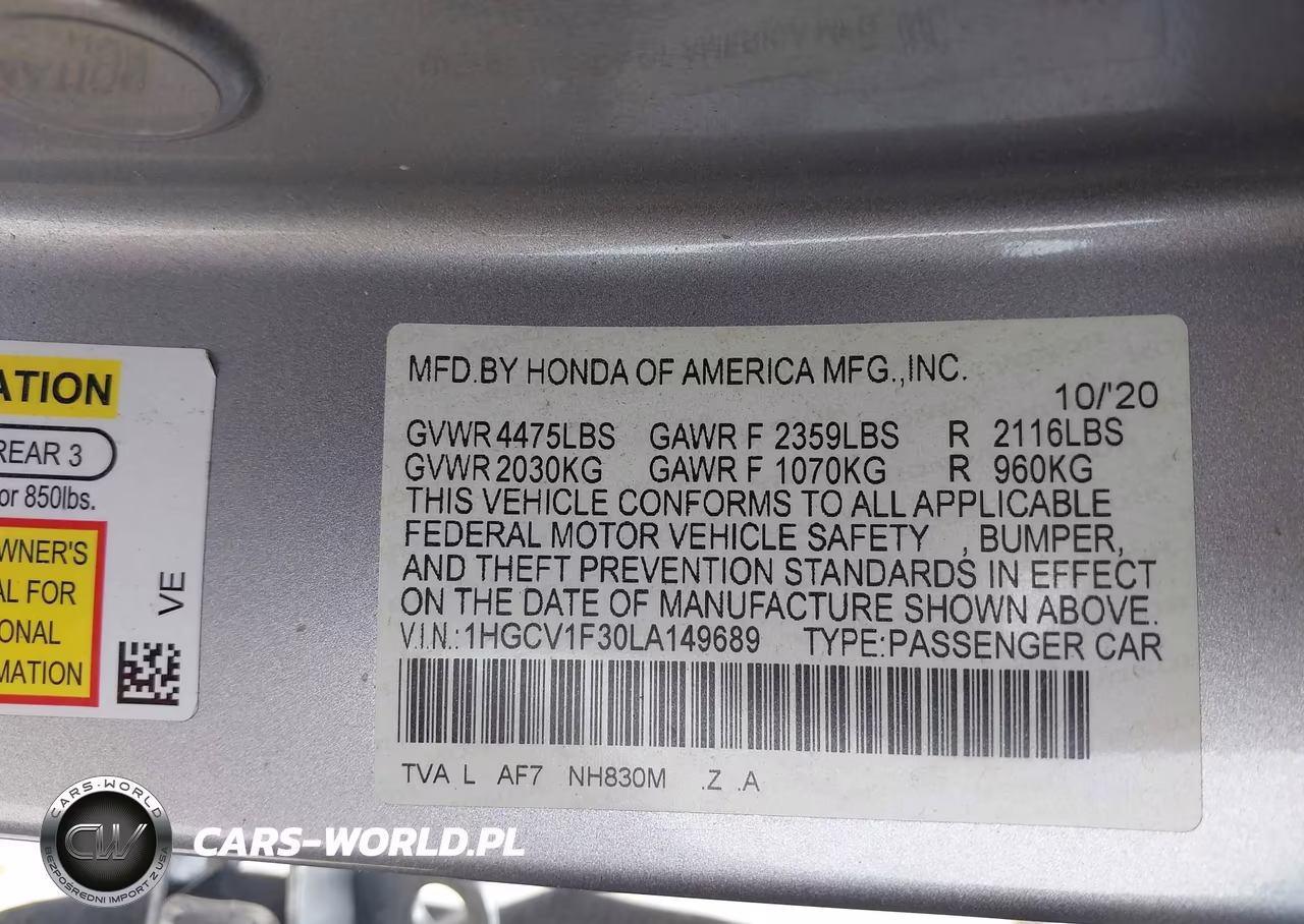 2020 Honda Accord Sport VIN:1HGCV1F30LA149689 - 9