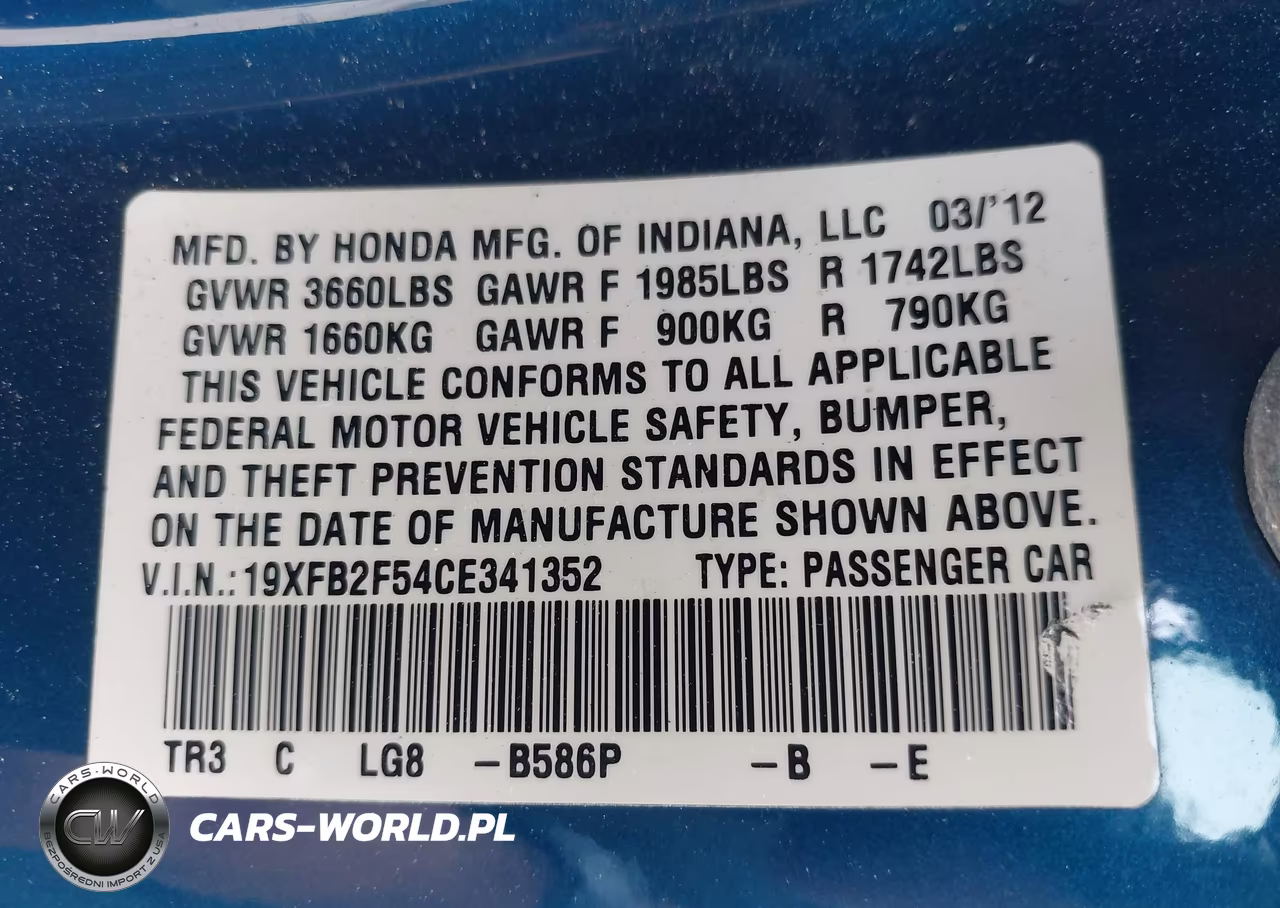 2012 Honda Civic Lx VIN:19XFB2F54CE341352 - 9