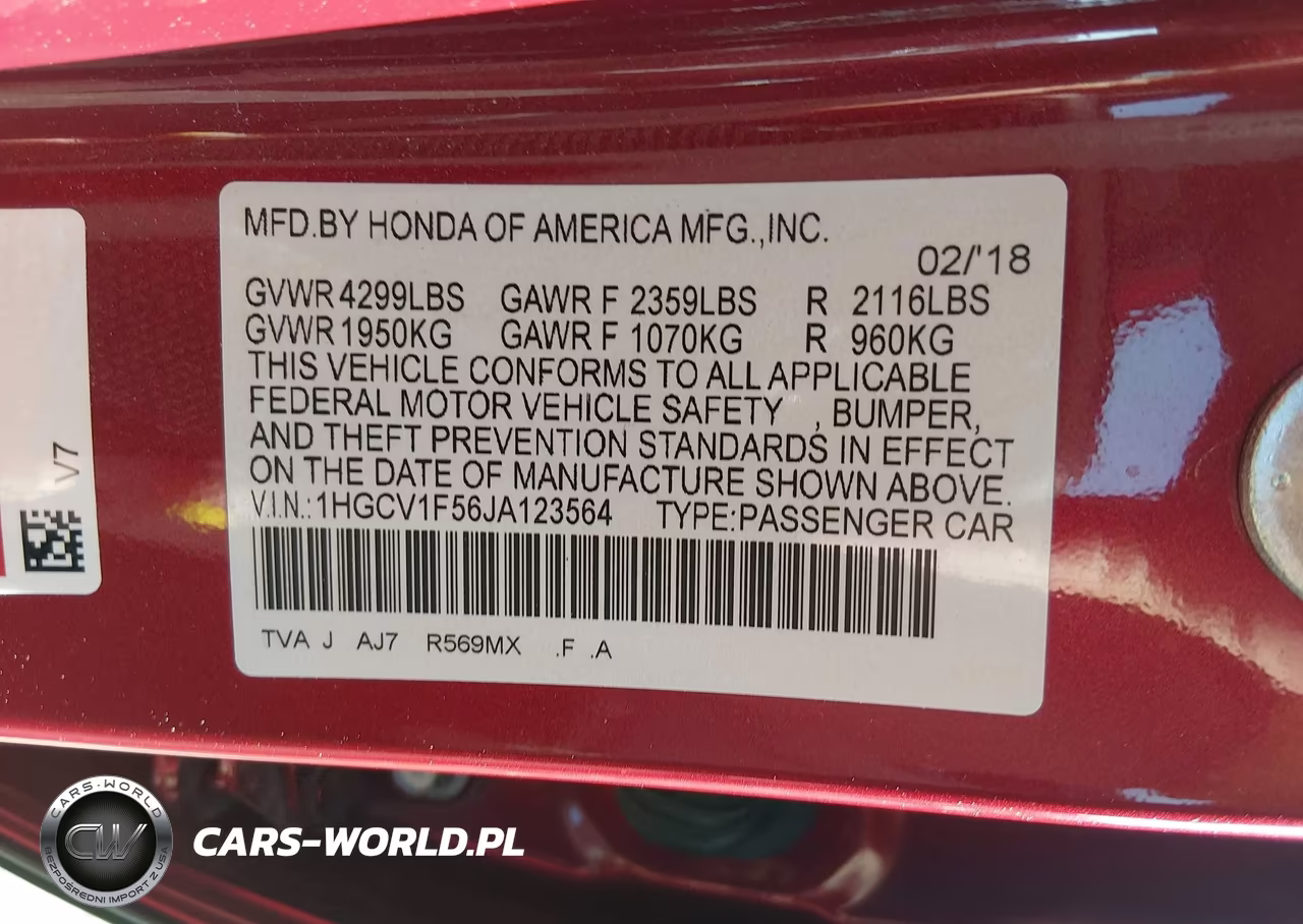2018 Honda Accord Ex-L VIN:1HGCV1F56JA123564 - 9