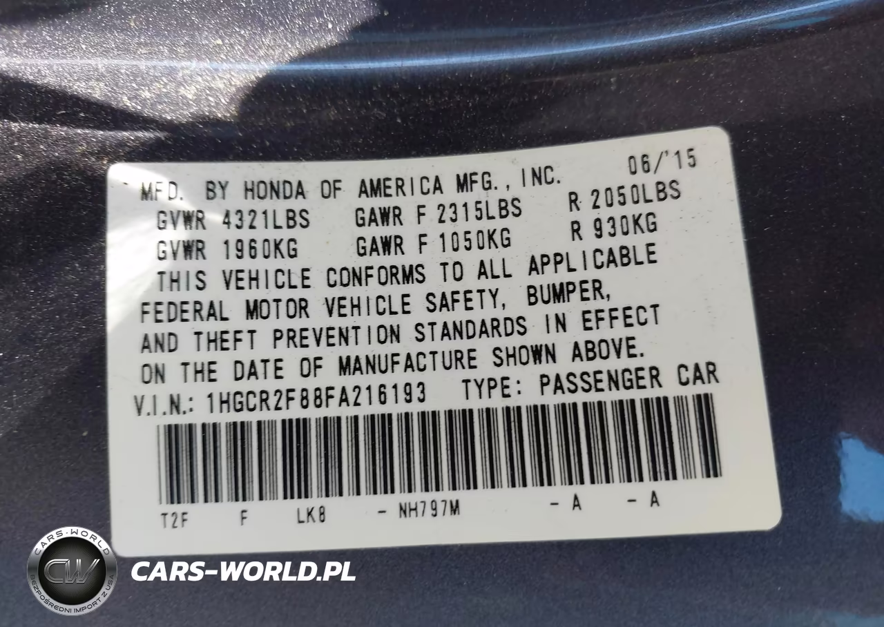 2015 Honda Accord Ex-L VIN:1HGCR2F88FA216193 - 9