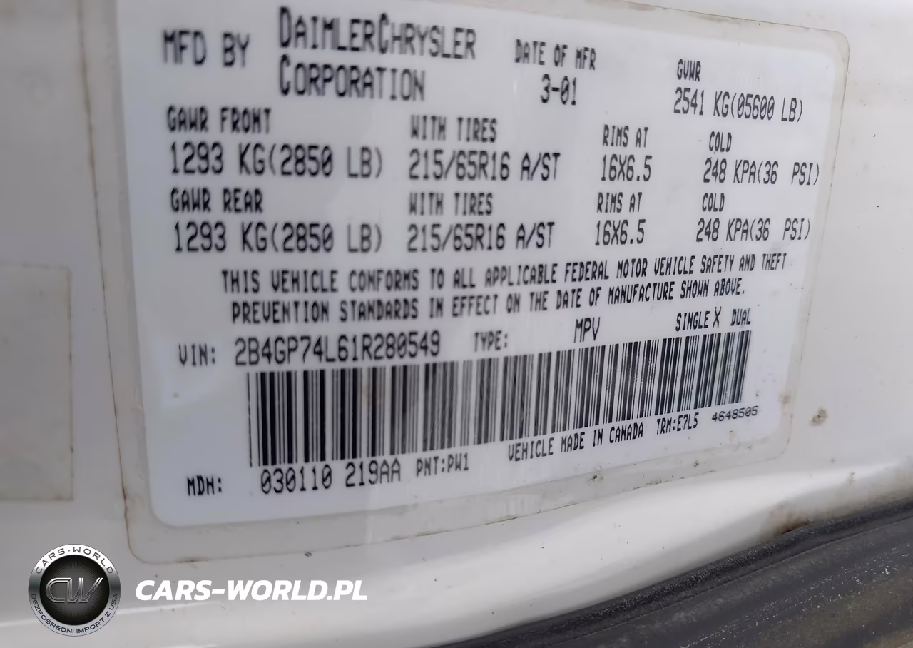 2001 Dodge Grand Caravan Ex VIN:2B4GP74L61R280549 - 9