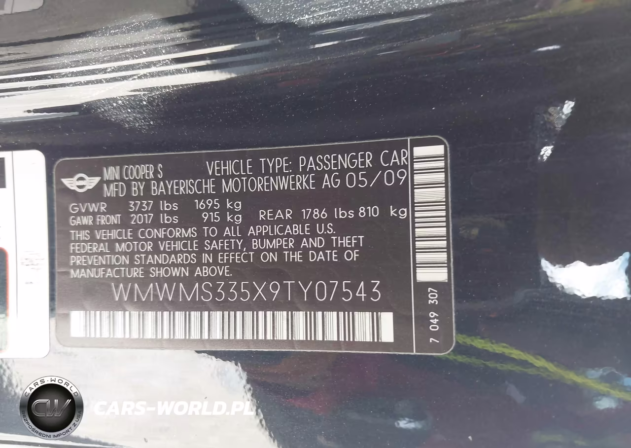 2009 Mini Cooper S VIN:WMWMS335X9TY07543 - 9