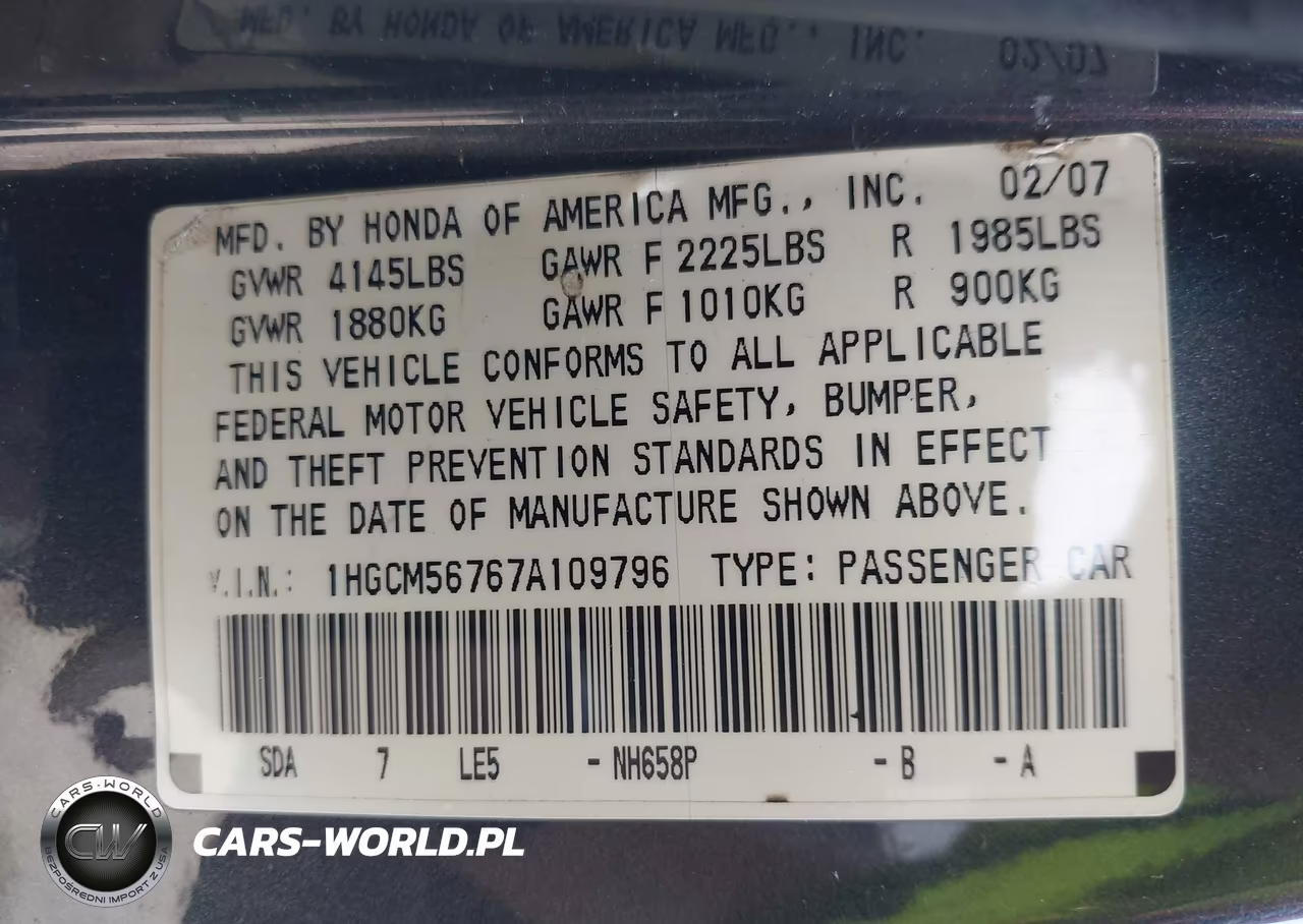 2007 Honda Accord 2.4 Ex VIN:1HGCM56767A109796 - 9